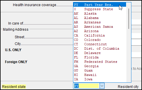 Image of Part-Year resident selection on screen 1